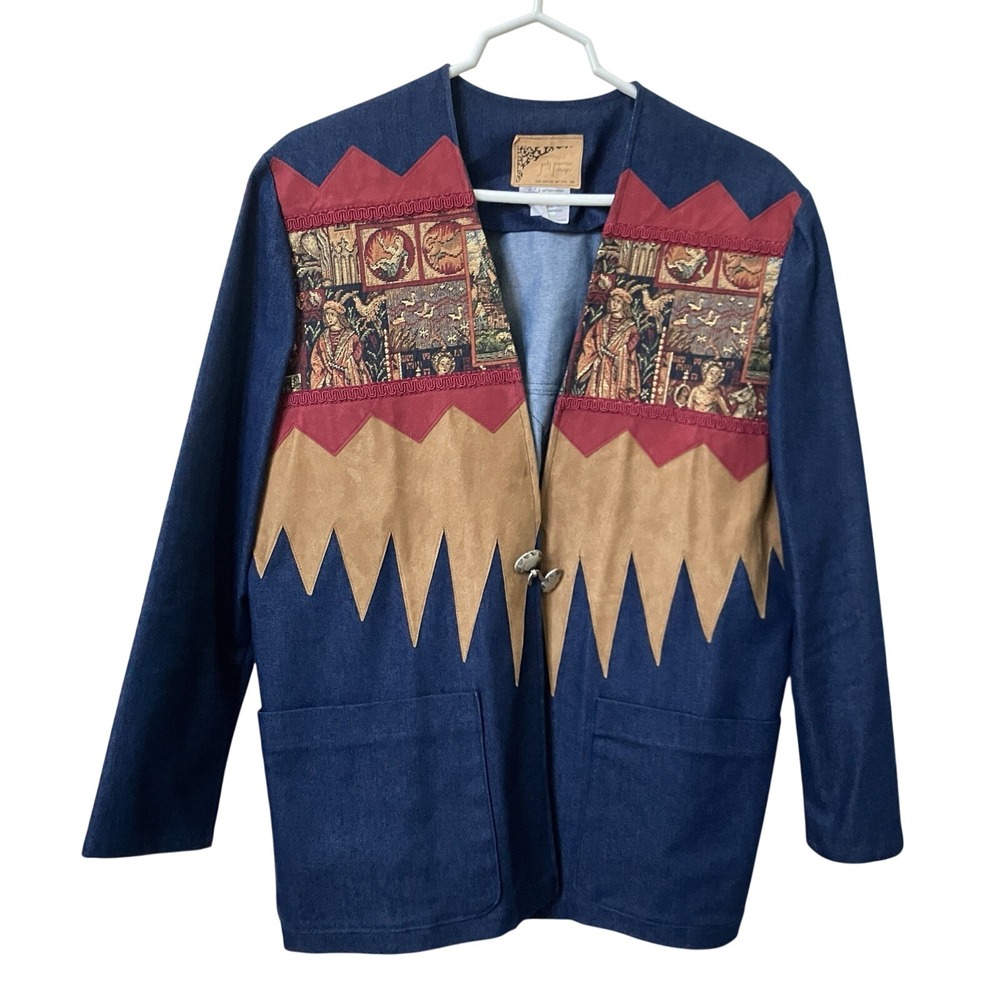 Judy Joannou Designs Womens M Denim Blazer Handmade Medieval Tapestry Castlecore
